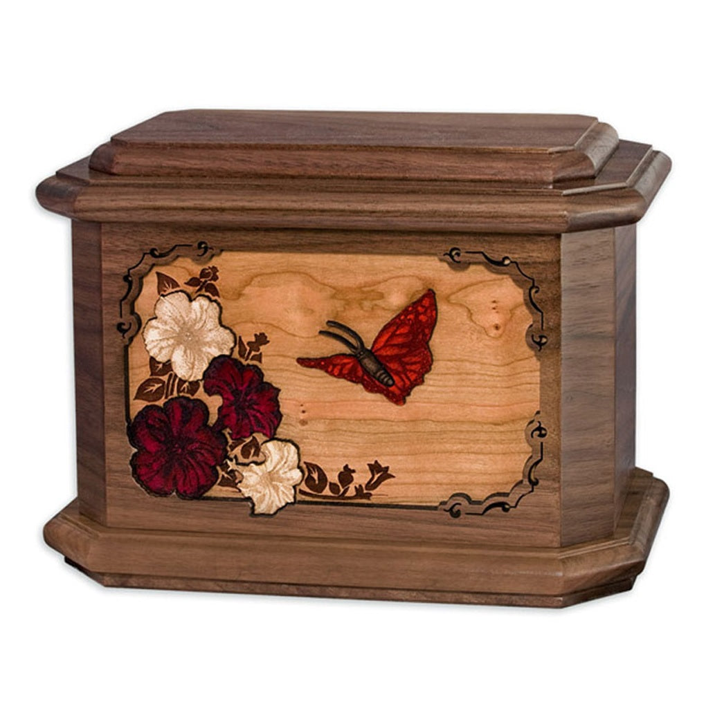 Walnut Octagon Carved Butterfly Urn for Ashes.