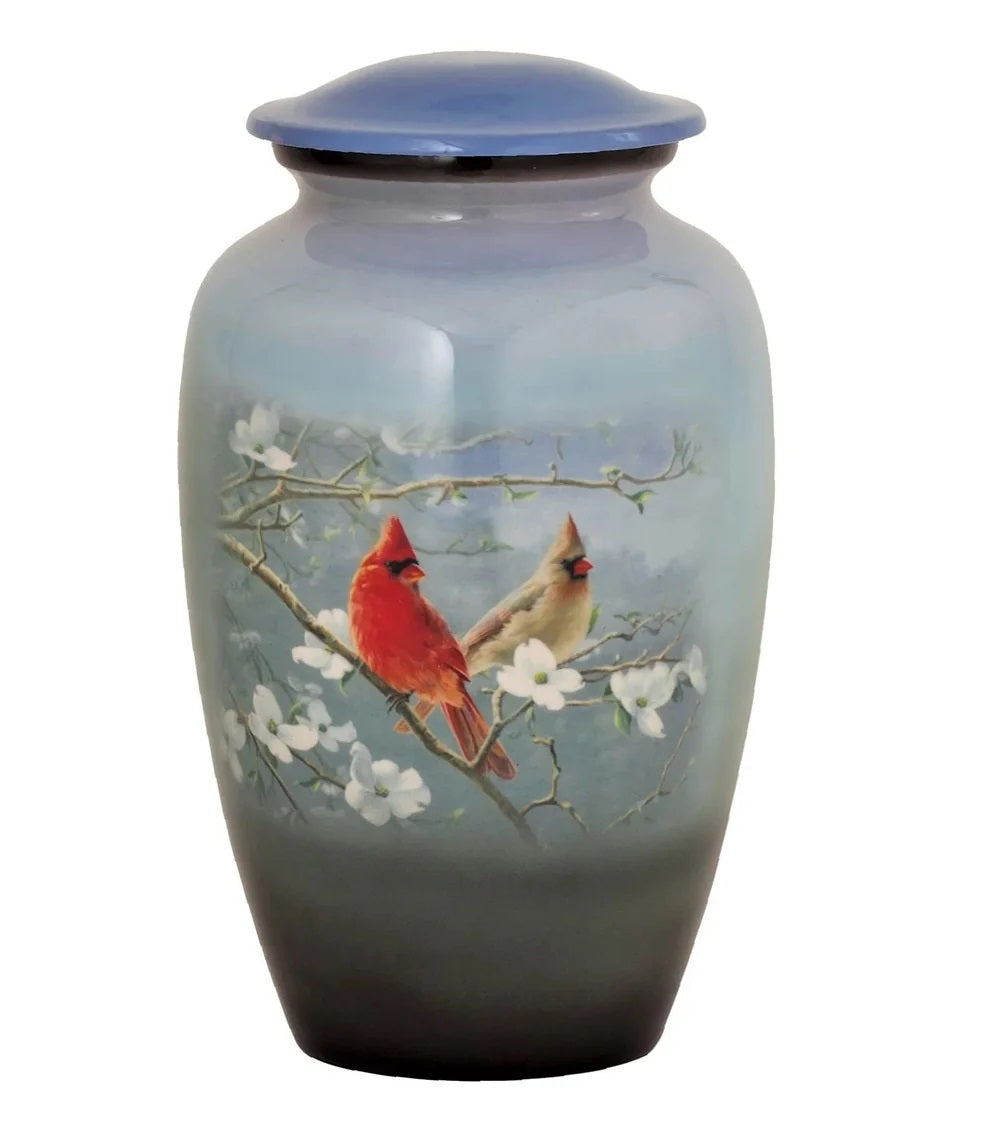 Cardinal Urns on Blossoms