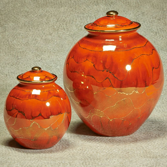 Orange hand made ceramic urn small size with gold