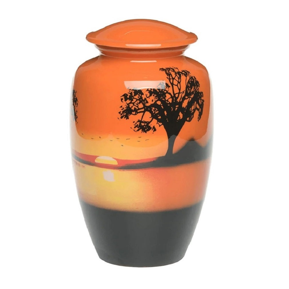 Orange Metal Urn with Sunset Landscape and Tree.