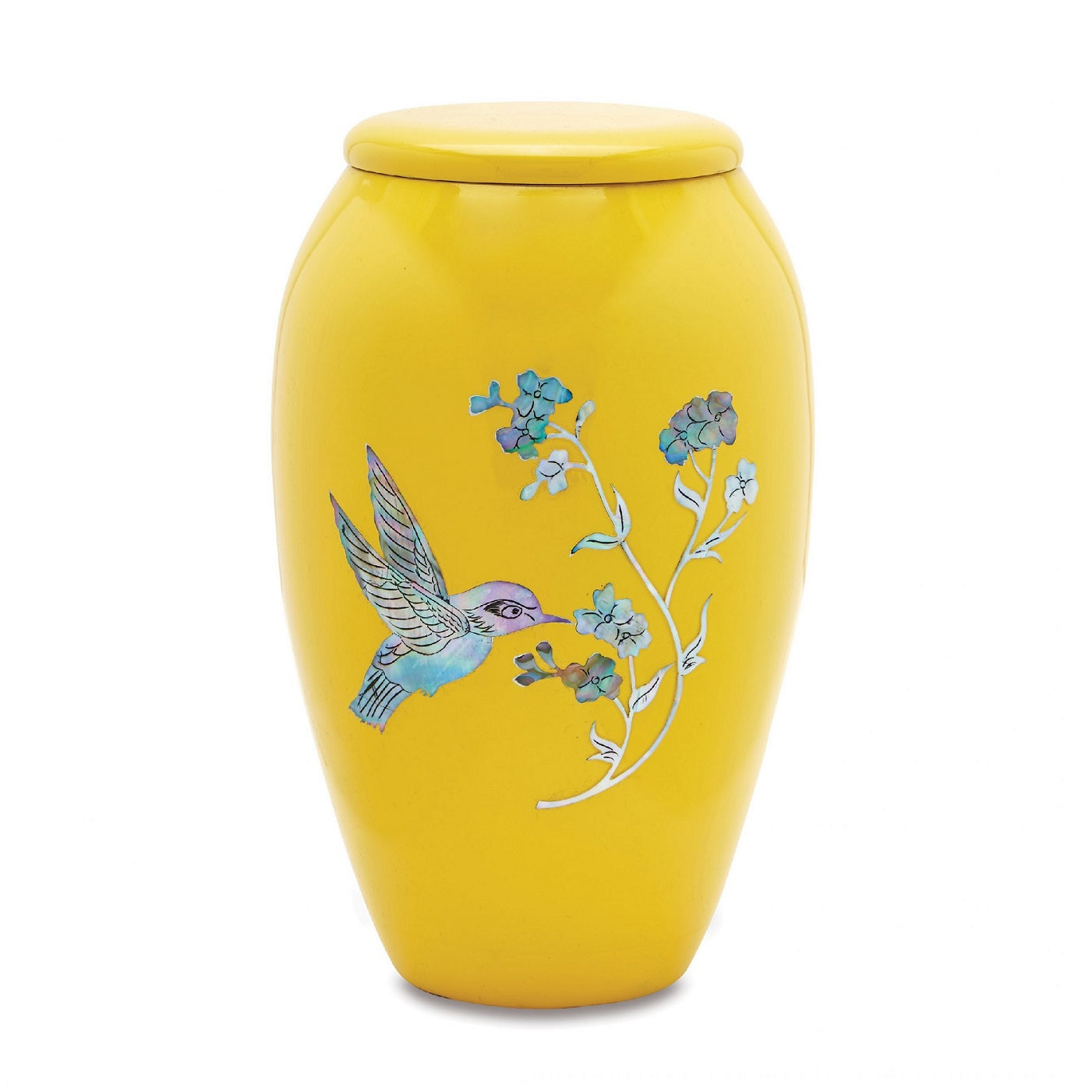 Metal Bright Yellow Mother Of Pearl Hummingbird Urn.