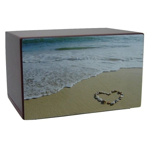 Love the Beach Urn with surf and heart from shells and rocks