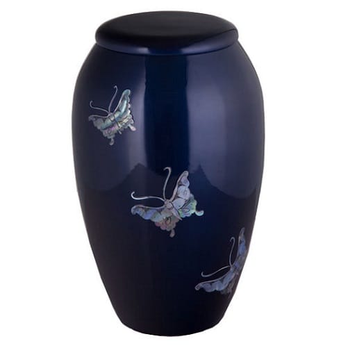 Blue Urn with Mother of Pearl Butterflies
