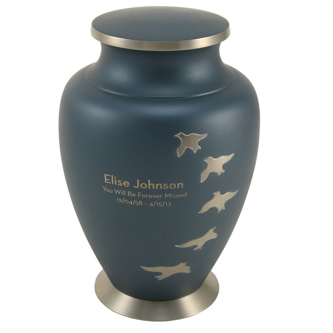 Blue Urn with five ascending doves engraved.