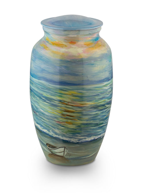 Beach Scene with boat hand painted urn for ashes