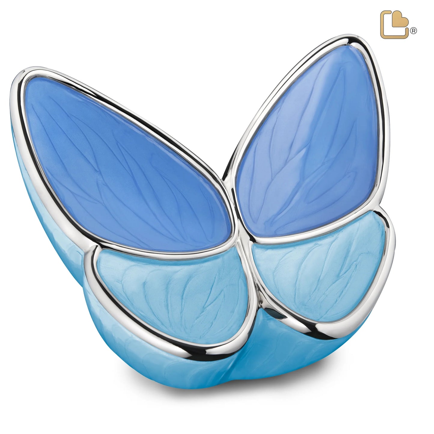 Brass butterfly urn with blue enamel finish.