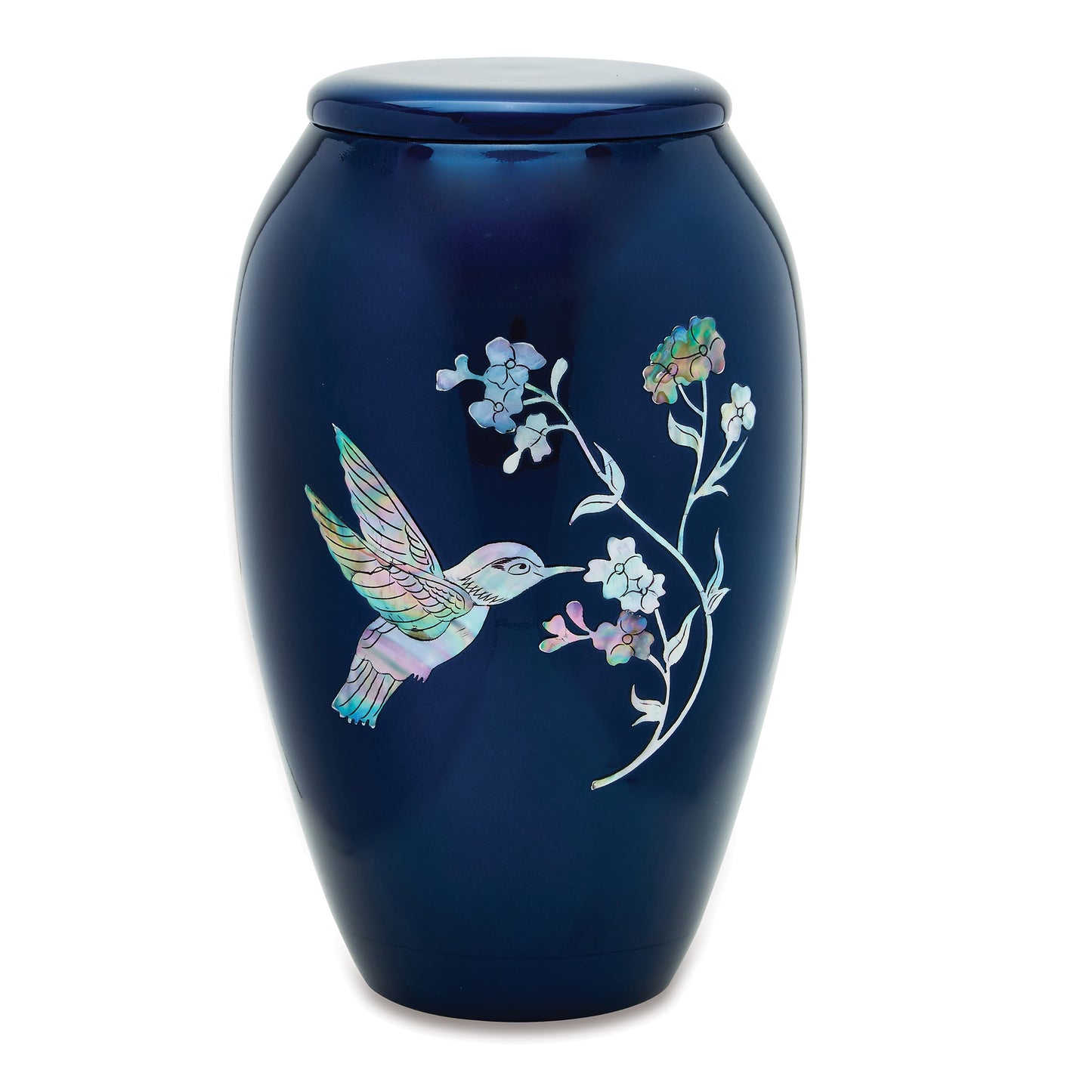Blue Mother of Pearl Hummingbird Urn with Flowers.
