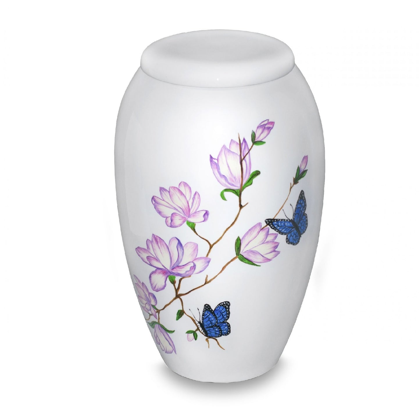 White Urn with Blue butterflies with Lavender Flowers.
