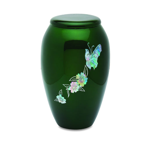 Green Mother of Pearl Butterfly Urn with Flowers.