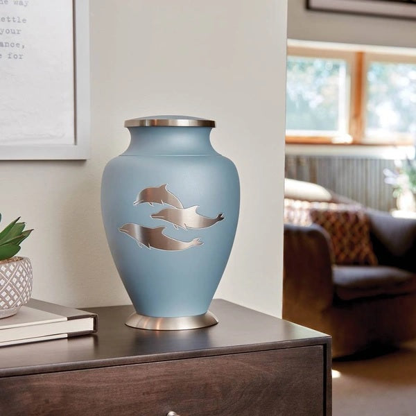 Light Blue Urn for Ashes with Three Dophins