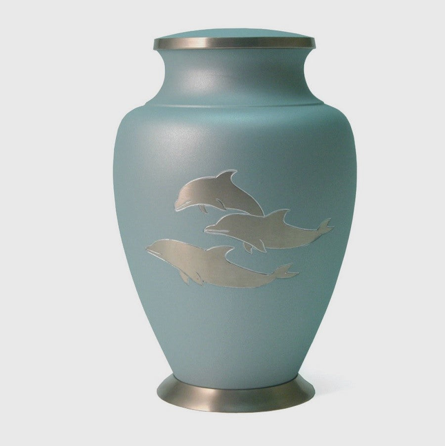 Three Dophins Etched on Blue Urn for Ashes.