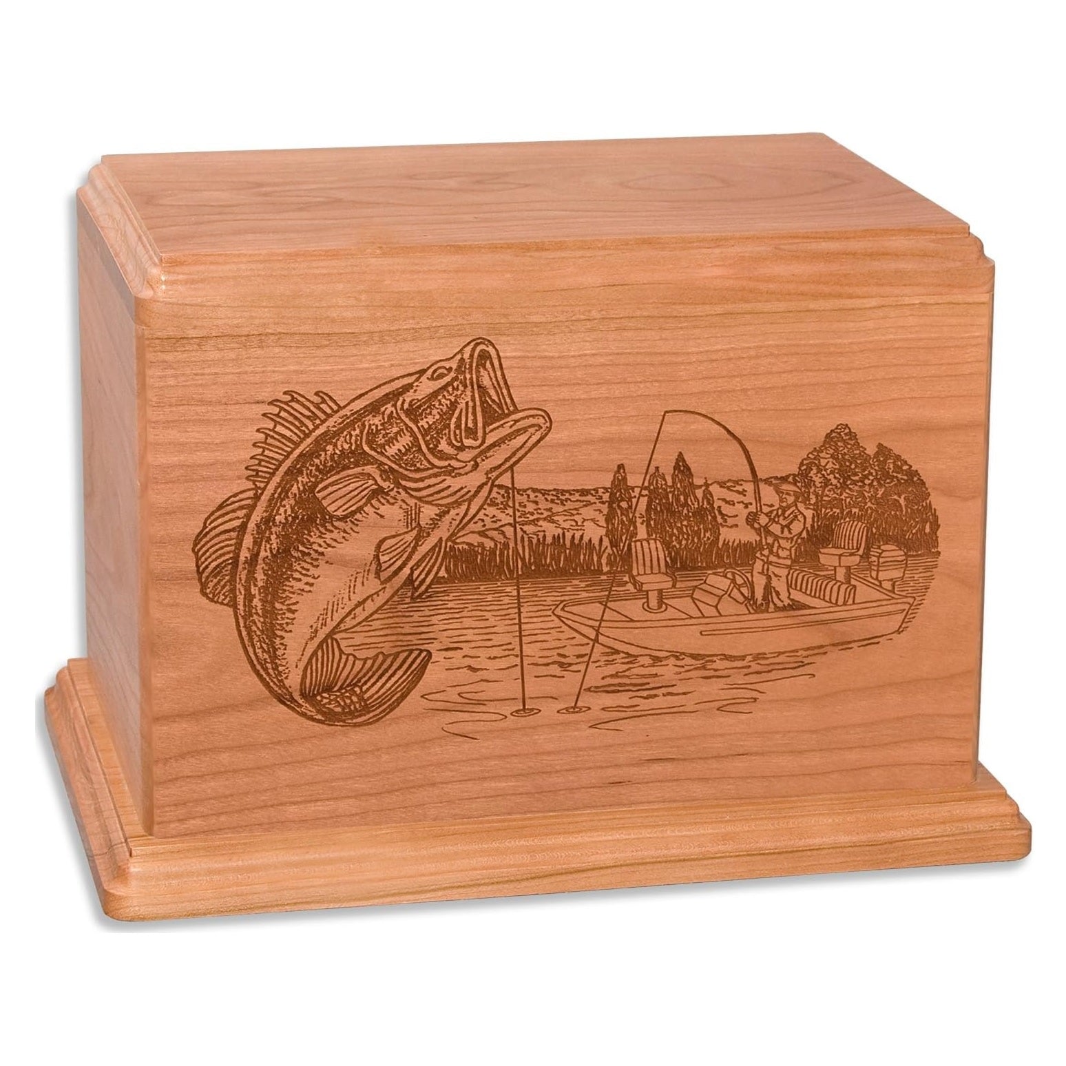 Fisherman urn in boat with bass cherry wood