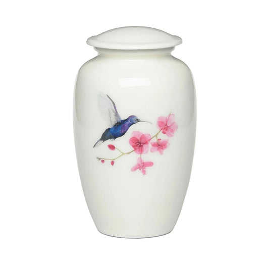 White Urn with blue Hummingbird and pink flowers