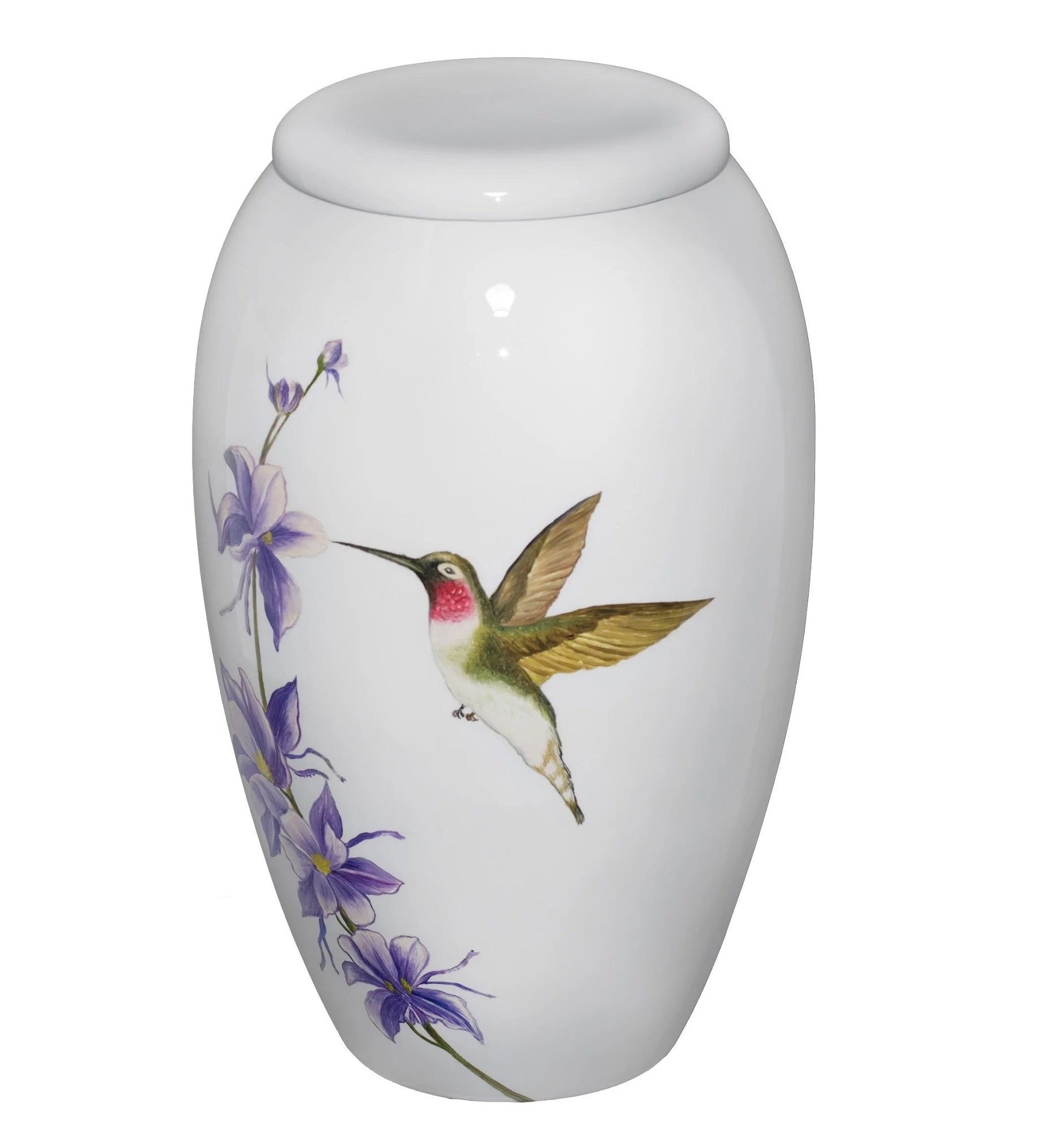White Urn with Hummingbird and purple flowers.