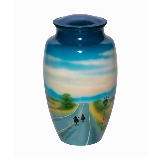 Motorcycle Urn for Ashes Bikers Riding down road.