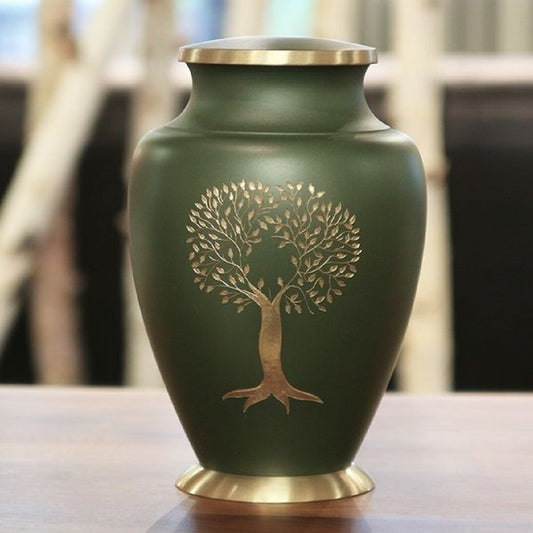 Green Tree of Life Urn for Ashes with brass engraved tree and trim.