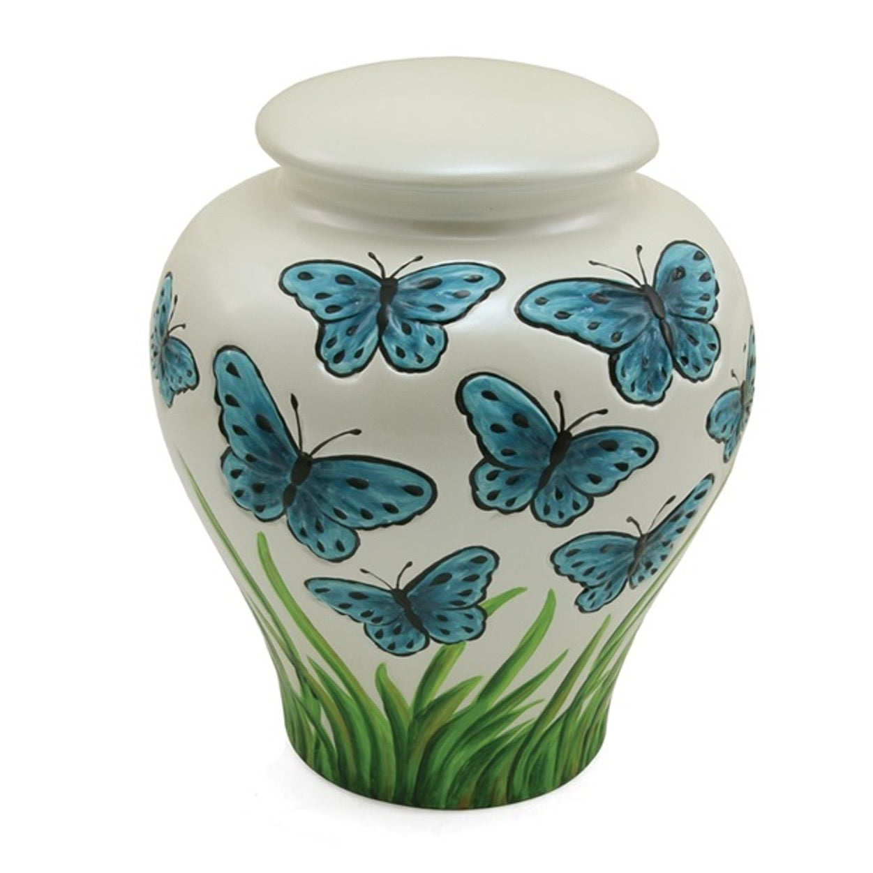 Blue butterflies on White Ceramic Urn with Grass on bottom