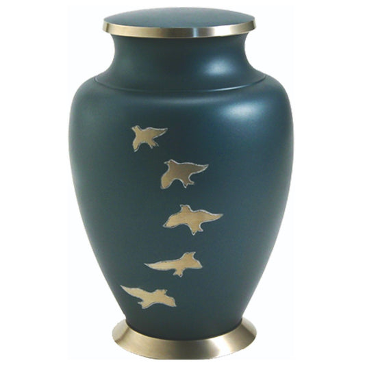 Aria Ascending Doves Urn in Blue with nickel trim.