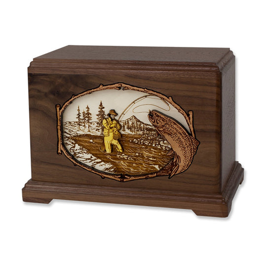 Trout fishing urn fly fisherman