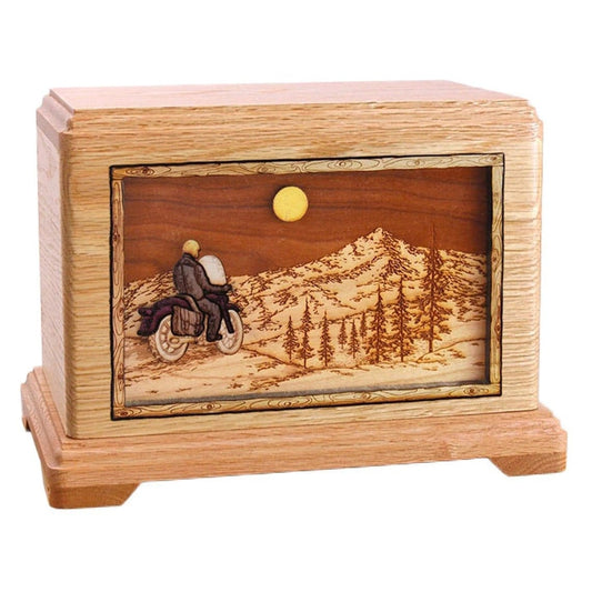 Solid Oak Motorcycle Urn Riding in the Mountains