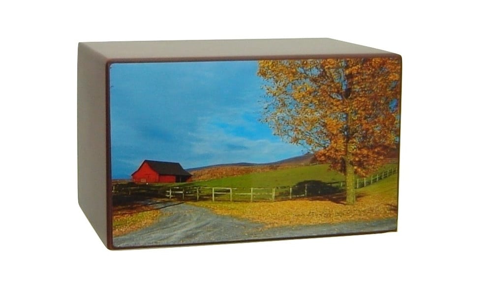 Wooden Urn Country Farm scene with Red Barn