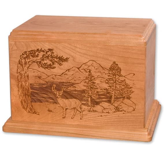Deer with Mountains laser etched cherry wood urn