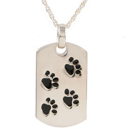 Silver Dog Tag with Black Paws Urn Necklace