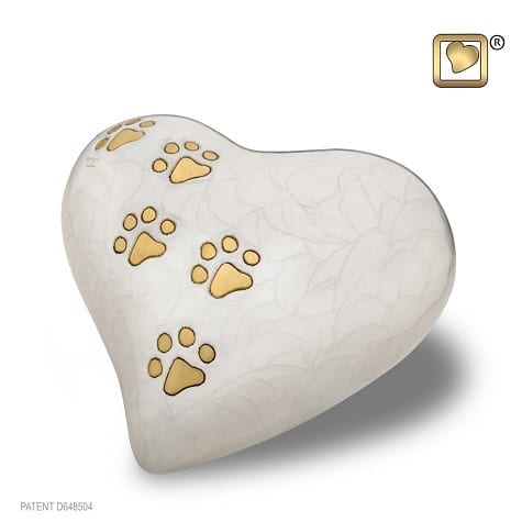 White Pearlescent Pet Heart Paws Urn Small